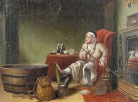 English School (19th Century) Interior scene with figure, fishing rod and large staved bath Oil on