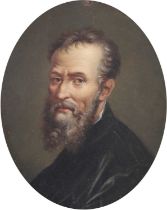 Italian School (19th Century) Head and shoulders portrait of Michelangelo Oil on board, 21.5cm by