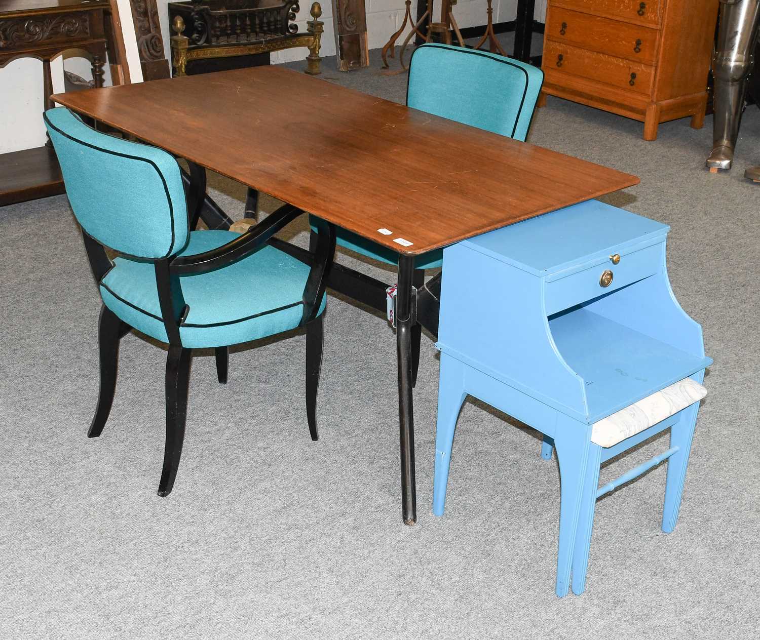 A Pair of 1940s Blue Open Armchairs, blue painted telephone seat, and a G-plan "Helicopter" dining