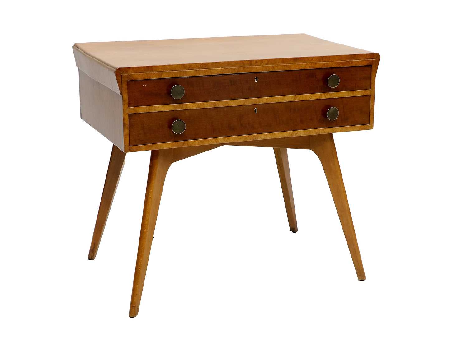 A Mid Century Canteen Table, with two drawers (lacking fitted interior), circular metal handles,