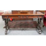 A Victorian Mahogany Two Drawer Side Table, on fluted supports with similar stretchers, 136cm by