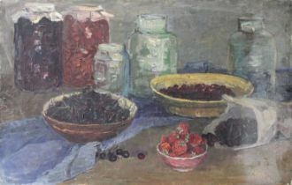 A*Kiselev (20th Century) "Jam Jars" Inscribed and paper label verso, oil on canvas, 58cm by 88.