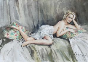Gordon King (1939-2022) Reclining female study Signed, watercolour, 26.5cm by 37cm William Sissons