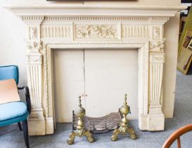 A 19th Century Painted Carved Wooden and Gesso Fire Surround, 196cm by 32cm by 149cm (external),