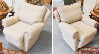 A Pair of 20th Century Feather Filled Armchairs, with subtle wing backs, 88cm by 100cm by 77cm