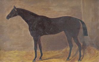 Follower of Harry Hall (1814-1882) Study of a bay horse in a stable interior Oil on board, 18cm by