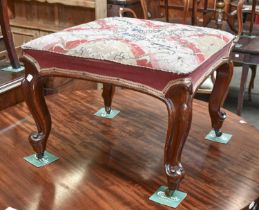 A Victorian Carved Mahogany Stool, with beadwork and needlepoint seat, raised on cabriole