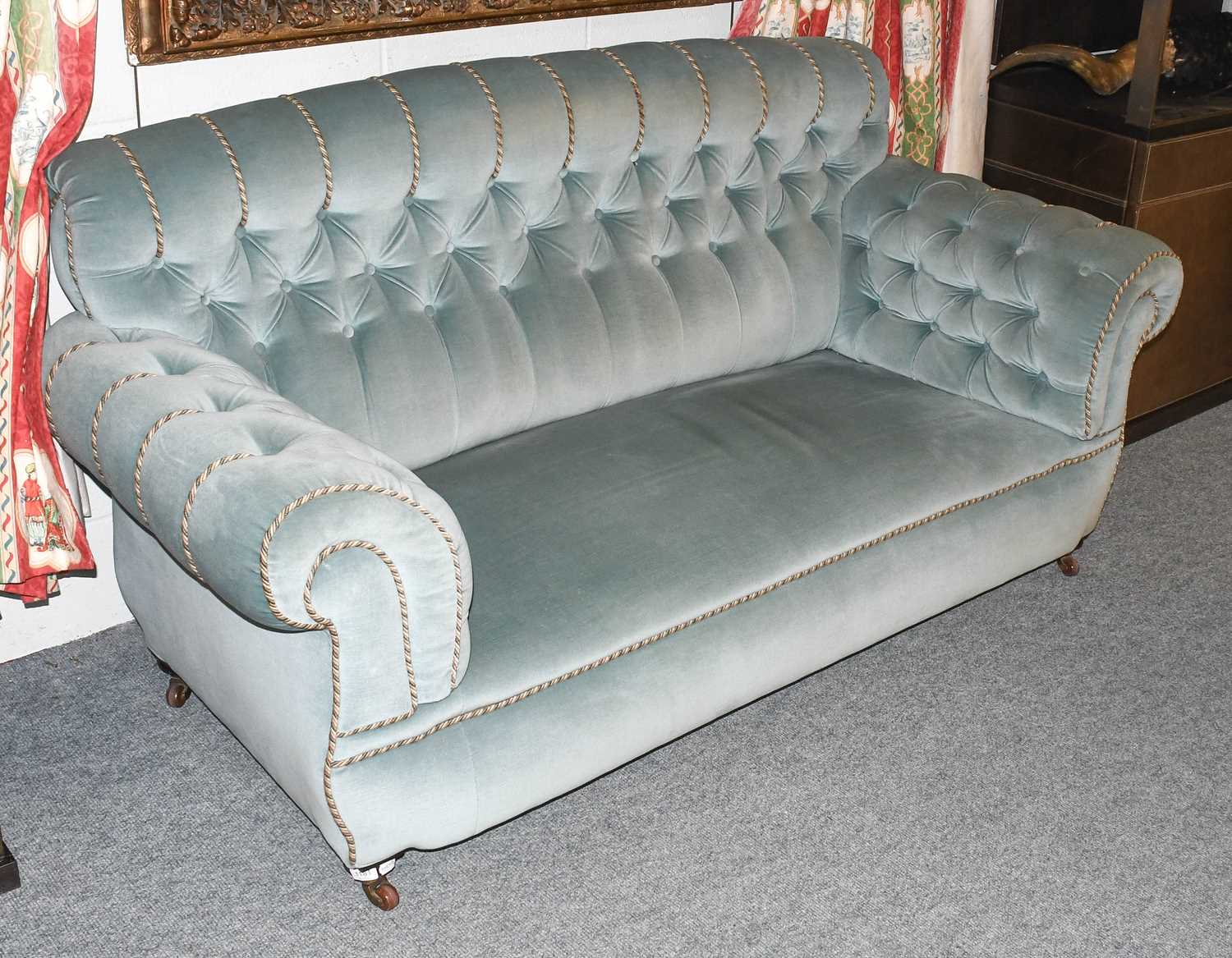 A Blue Upholstered Victorian Button Backed Sofa, 190cm Velveteen fabric 95cm high by 190cm wide by