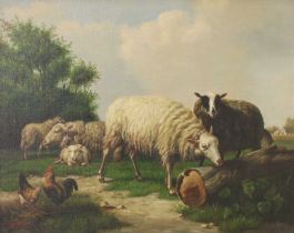 *Robbe (19th Century) Sheep, Cockerel and Hen by a tree stump Signed, oil on canvas, 39cm by 49.5cm