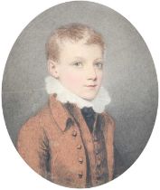 Adam Buck (British, 1759-1833) Portrait miniature of a boy in a burnt orange coat and white collar