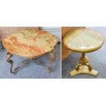 Two Gilt Metal Onyx Topped Tables, largest 90cm by 90cm by 45cm (2)