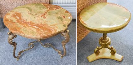 Two Gilt Metal Onyx Topped Tables, largest 90cm by 90cm by 45cm (2)