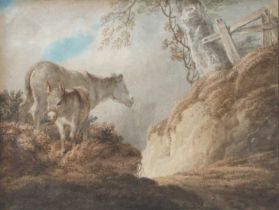 Attributed to George Morland (1763-1804) Two Donkeys in a rural landscape Watercolour; together with
