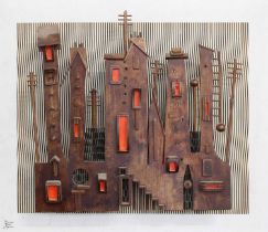 Pierre Noel Martin (20th Century) "Townscape" Signed, inscribed verso, mixed media relief, 54cm by