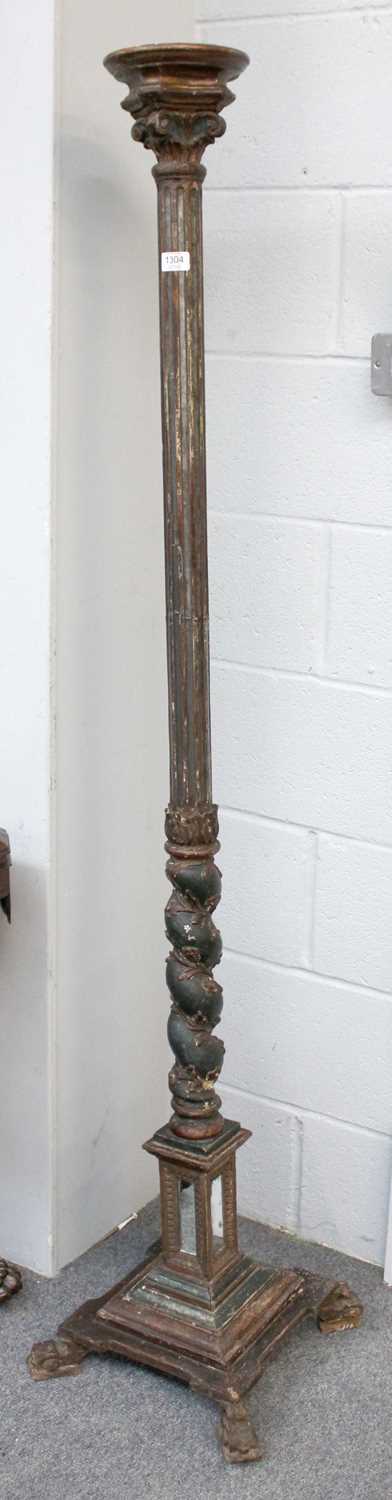 A Part Painted 18th Century Corinthian Columnar Giltwood Candlestand, the fluted supports inset with