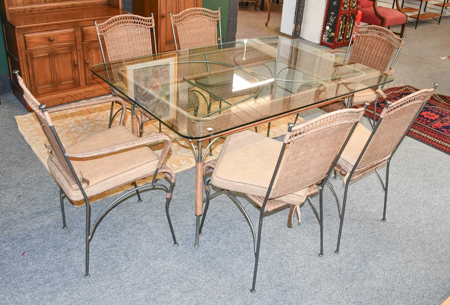 A Metal and Wicker Glass Topped Dining Table and Six Matching Chairs, including two carvers (7) - Image 2 of 2