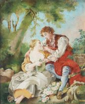 Julien E* L* Lanet (19th Century) Courting couple with doves, after Boucher's "La Cage" Oil on