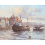 Donald G. Midgley Ship leaving the harbour Signed and date (19)81, oil on board, 24cm by 29.5cm