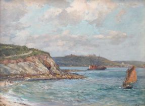 Bernard Finegan Gribble (1873-1962) Coastal scene with boats on the water beneath a cloudy sky