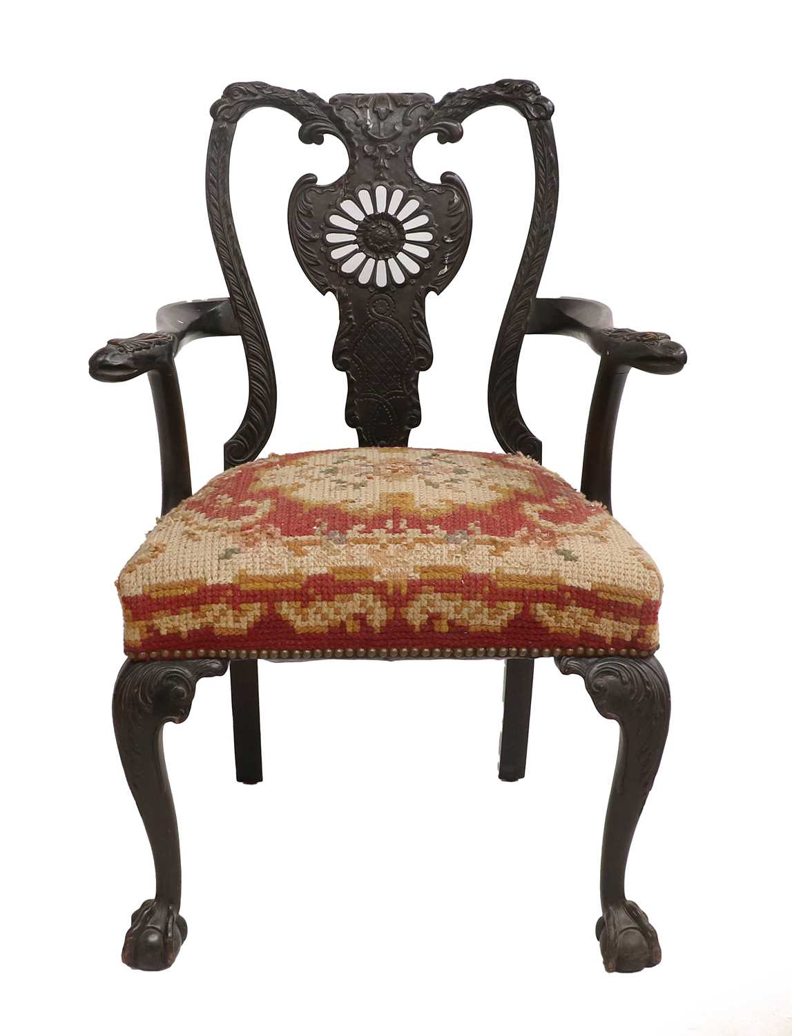 An Ornate 19th Century Carved Open Armchair, carved with eagle head crest rail and arms on claw - Image 2 of 2