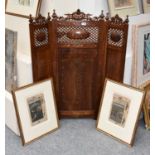 A Brass Inlaid Folding Fire Screen, and a pair of decorative Persian watercolours (3)