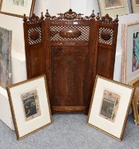 A Brass Inlaid Folding Fire Screen, and a pair of decorative Persian watercolours (3)