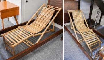 A Pair of Aesthetic Style Bamboo Folding Sun Loungers, Both in generally good condition Country of