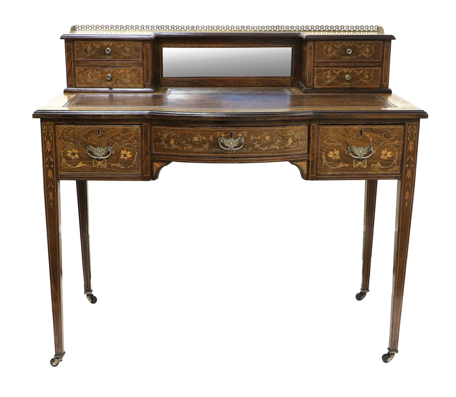 A 19th Century Rosewood and Marquetry Inlaid Ladies Desk, with gallery brass rail and bevelled