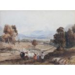 British School (19th Century) Figures and livestock on a country road Watercolour; together with a