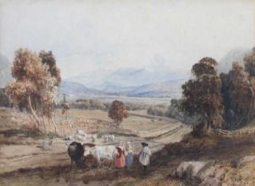 British School (19th Century) Figures and livestock on a country road Watercolour; together with a