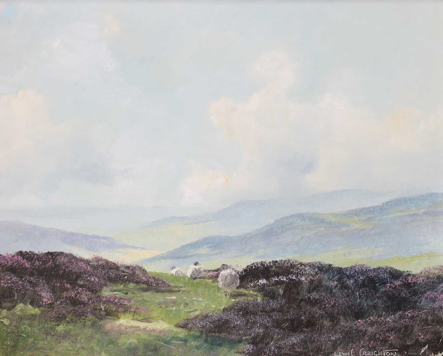Lewis Creighton (20th Century) Moorland landscape with sheep amongst the heather Signed, oil on