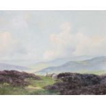 Lewis Creighton (20th Century) Moorland landscape with sheep amongst the heather Signed, oil on