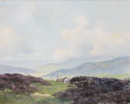 Lewis Creighton (20th Century) Moorland landscape with sheep amongst the heather Signed, oil on