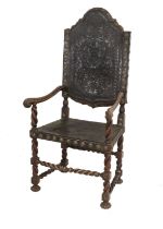 A 19th Century Rosewood and Black Leather Open Armchair, in Renaissance style, the back support