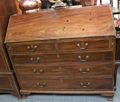 A George III Mahogany Bureau, with fitted interior and raised on ogee bracket feet, 117cm by 53cm by