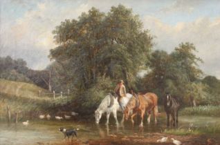 British School (19th Century) Figure and harnessed horses paddling in the river Indistinctively