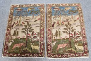 Pair of Pictorial Tabriz Rugs, each depicting a rural scene with animals and birds, each approx.