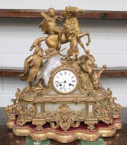 A French Gilt Metal and Alabaster Striking Mantle Clock, circa 1890, case elaboratley decorated with