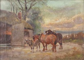 British School (19th Century) Cart horses and a donkey outside a cottage on a country road