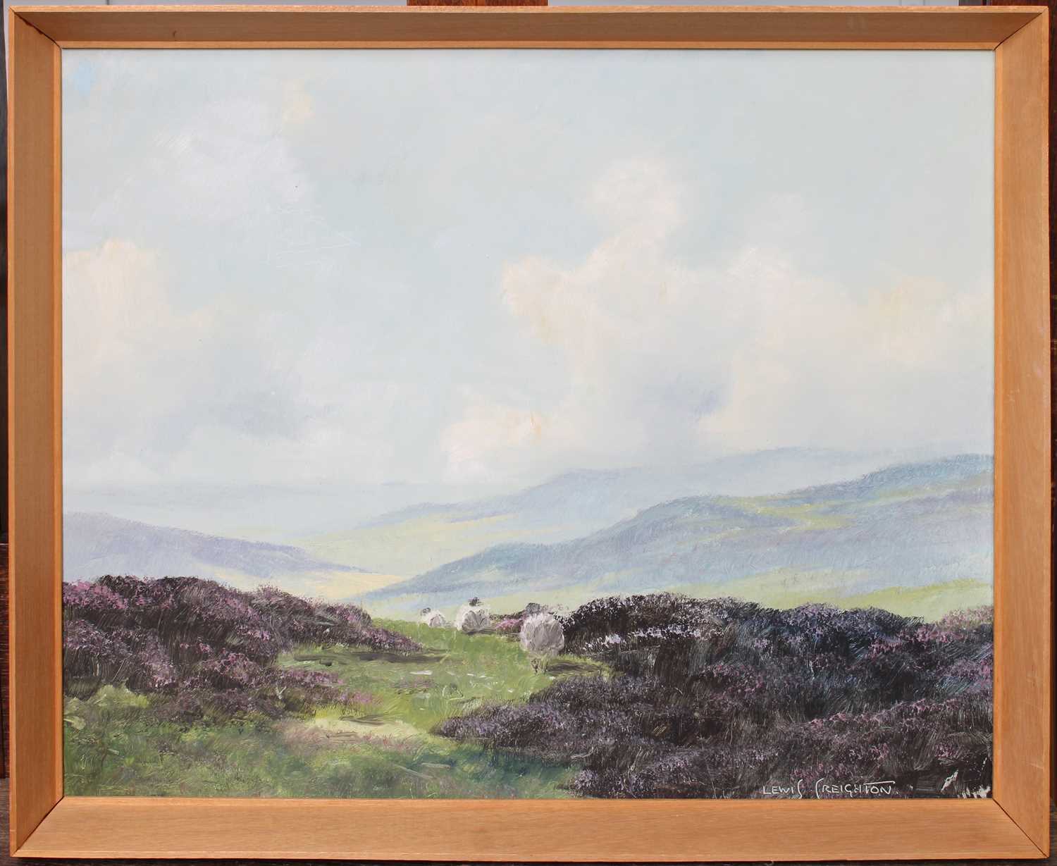 Lewis Creighton (20th Century) Moorland landscape with sheep amongst the heather Signed, oil on - Image 2 of 2
