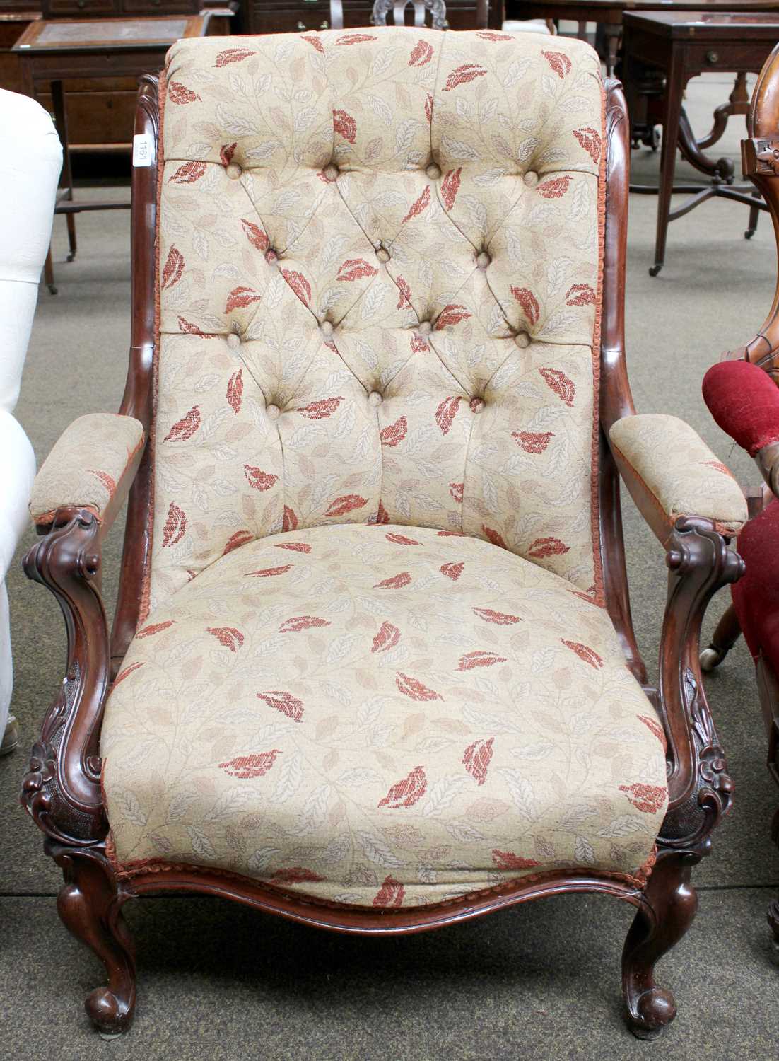 A Victorian Carved Mahogany Part Upholstered Chair, with buttoned back