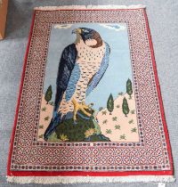 Ghom Rug, the field depicting an eagle against a background of cloudy sky flanked by trees, enclosed