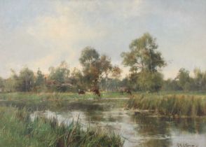 Robert William Arthur Rouse (1869-1950) Cattle watering by a calm stretch of water, farmstead beyond