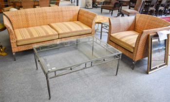 Modern Garden/Conservatory Furniture: a metal framed wicker three seater settee and matching