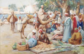 Frank Dean (1865-1947) Market Scene on the harbour, Egypt Signed and inscribed Egypt, watercolour