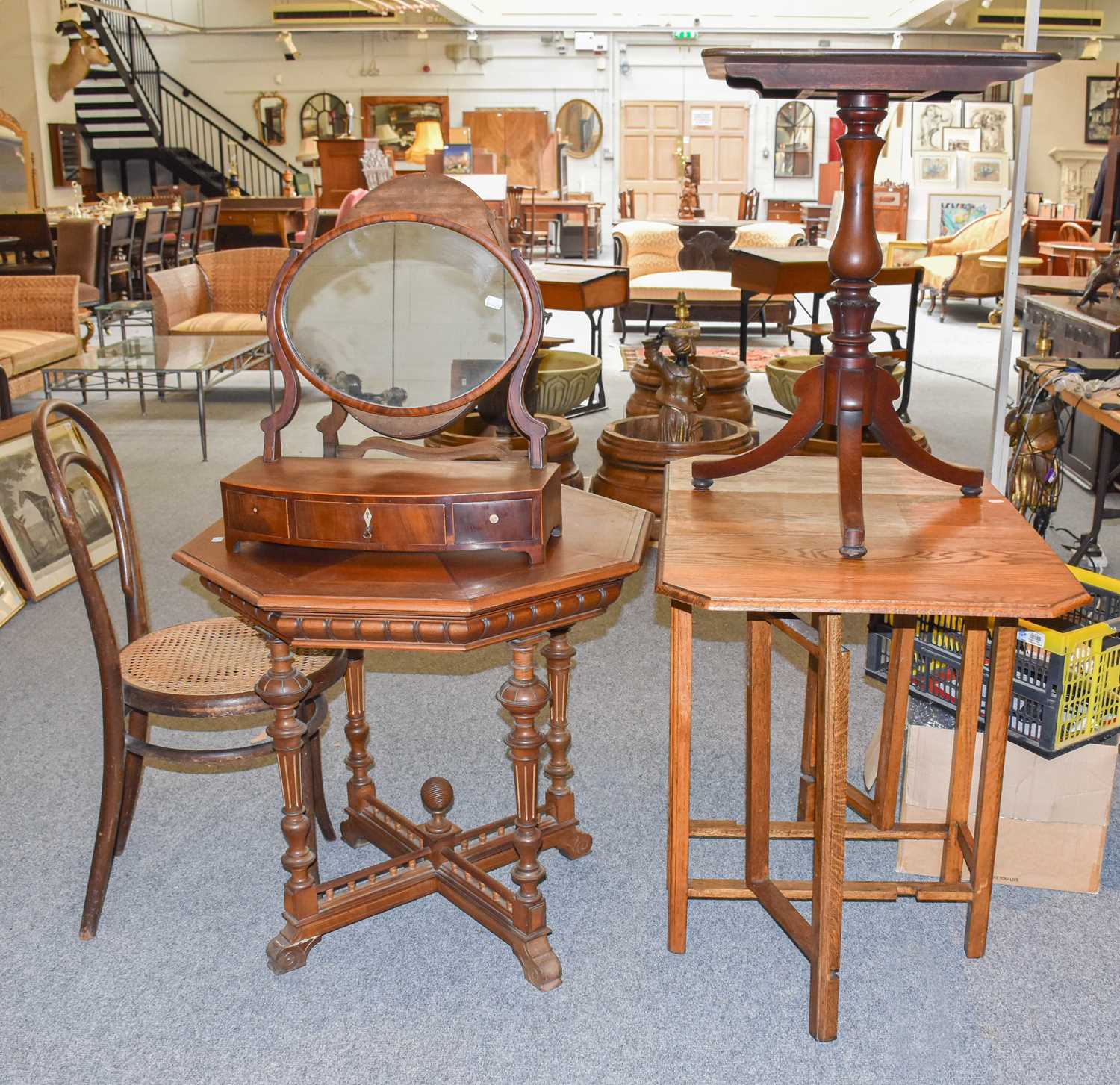 An Edwardian Octagonal Centre Table, an oak small drop leaf table, a Victorian mahogany