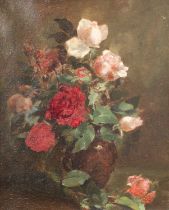 British School (Late 19th/Early 20th Century) Still life of red and pink roses in a vase Oil on