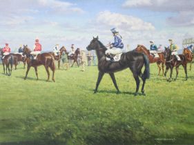 Norman Hoad (1923-2014) Racehorses gathering at the start Signed, oil on canvas, 45cm by 60cm