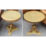 A Pair of Gilt Metal Onyx Top Circular Tables, on wasted triform bases, 50cm by 57cm