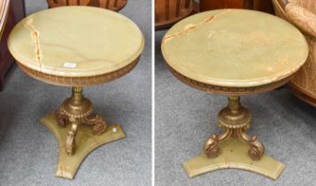 A Pair of Gilt Metal Onyx Top Circular Tables, on wasted triform bases, 50cm by 57cm